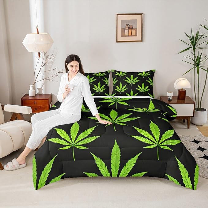 Erosebridal Bohemia Leaves Comforter Set, Exotic Leaf Bedding Set Full Size for Kids Boys Teens Adult Bedroom, Exotic Leaves Duvet Sets Tropical Botanical Down Comforter, Green Black - Image 2