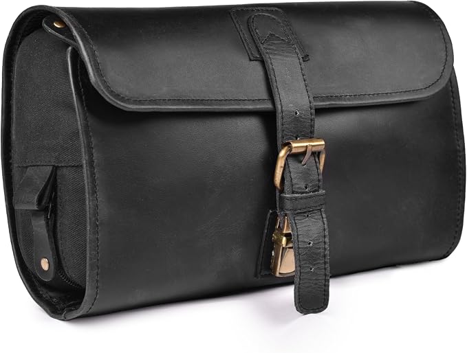 LEATHER VILLAGE Hanging Genuine Leather Toiletry Bag for Men & Women with Waterproof Lining – Handcrafted Vintage Travel Dopp Kit, Shaving Organizer & Shower Bathroom Essentials Case - Black by LeatherVillage