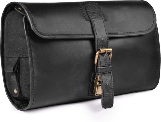 LEATHER VILLAGE Hanging Genuine Leather Toiletry Bag for Men & Women with Waterproof Lining – Handcrafted Vintage Travel Dopp Kit, Shaving Organizer & Shower Bathroom Essentials Case - Black by LeatherVillage