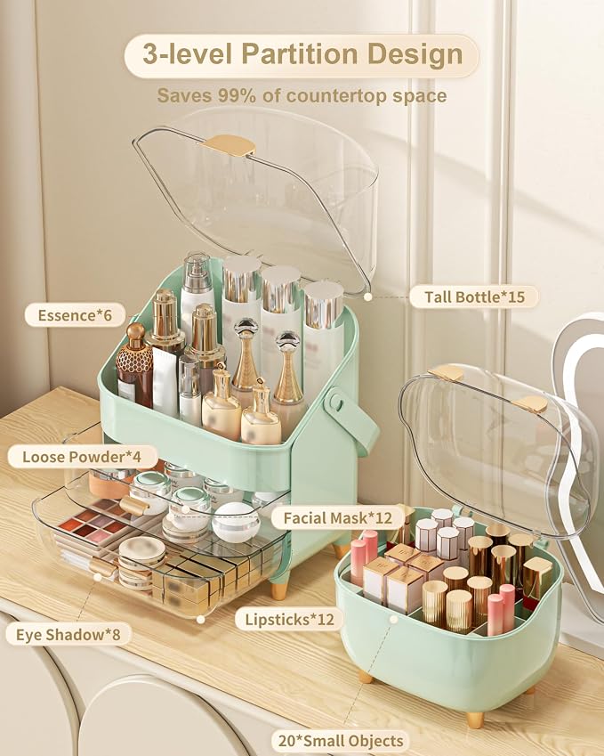 Makeup Organizer Countertop, Skincare Holder Bathroom Counter Organizer, Storage Box Cosmetic Display Cases, Teen Girl Gifts Make up Organizers (Green/Lipstick) - Image 5