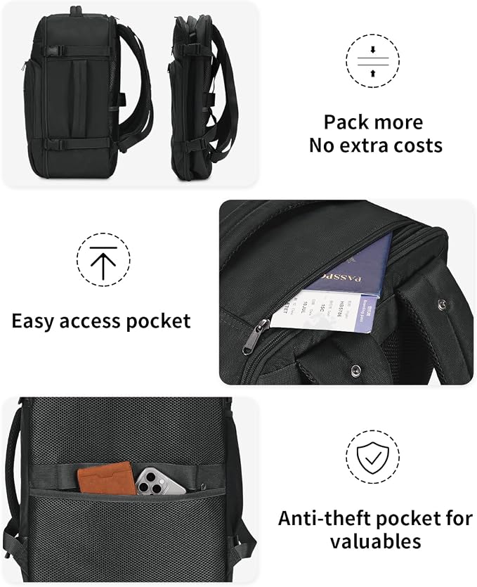 ECOHUB Travel Backpack for Men, 18x14x8 Frontier Airlines Personal Item Bag with Clear Toiletry Bag, Laptop Carry on Backpack with USB Port, Airline Approved Under Seat 14 Pockets 30L, Black - Image 8