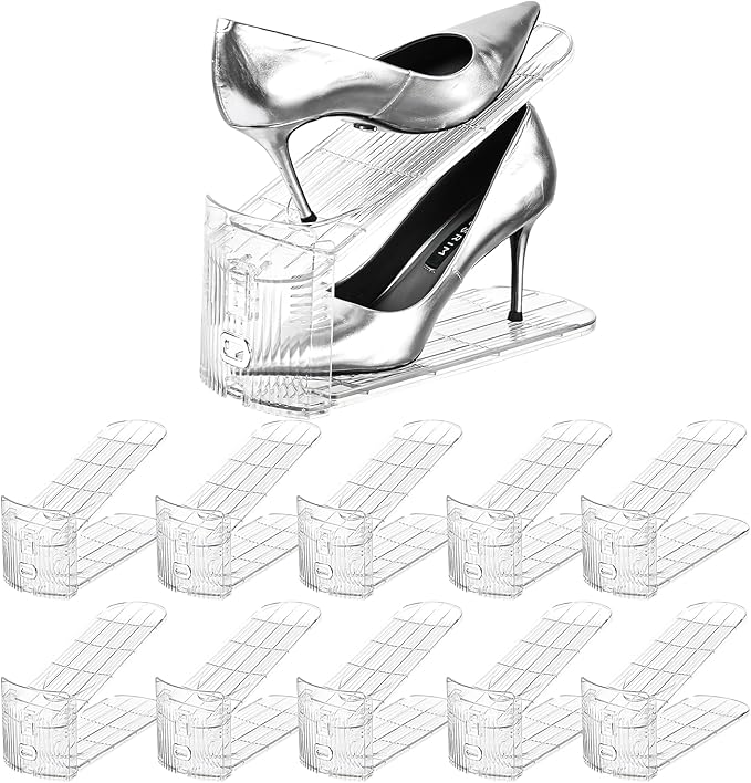 Shoe Slots Organizer,Adjustable Shoe Rack with Three Levels,shoe stackers for a pair of Shoes (Clear, 10 Pack) by beehomay
