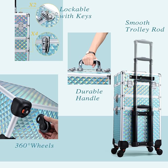 Faquenc 3 in 1 Rolling makeup case Cosmetology Case on Wheels Train Case Makeup Organizers Storage Cart Cosmetic Trolley Travel Barber Suitcase for Make up Artist Nail Tech Hair Lockable, Shiny Mint - Image 6