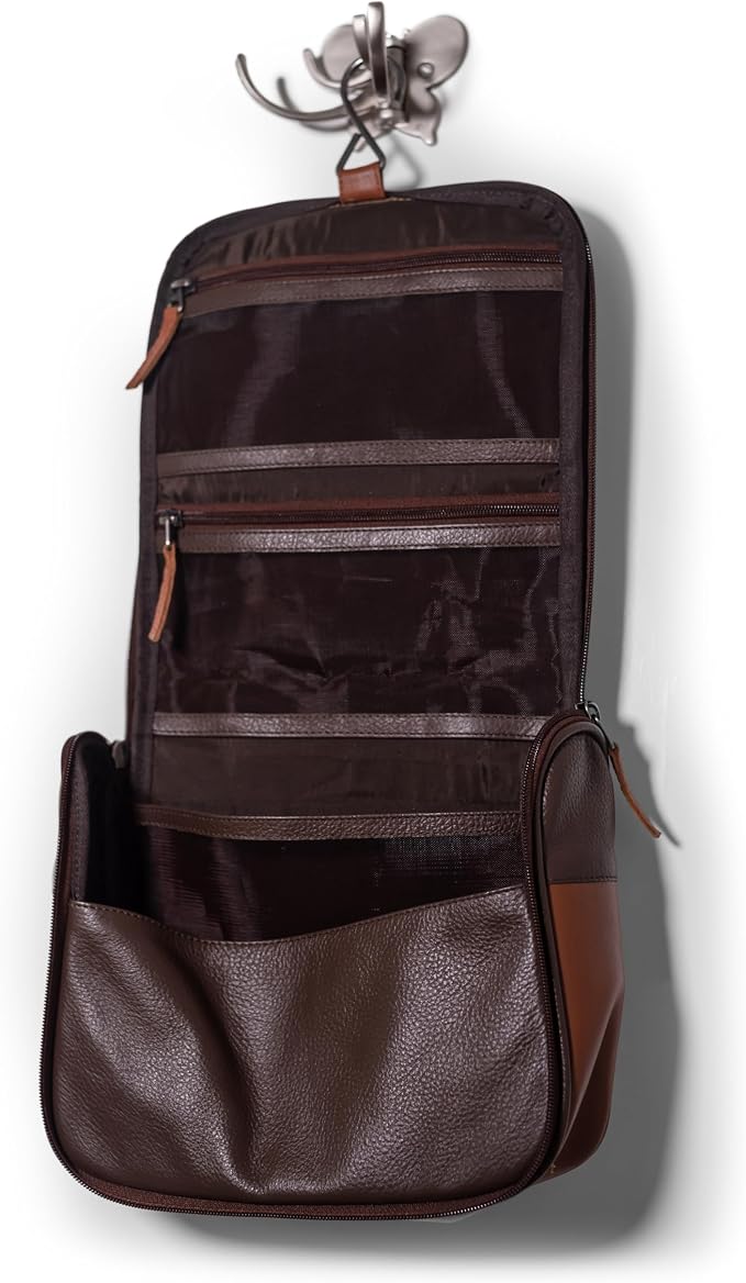 Sutton Handmade Genuine Cowhide Leather Hanging Toiletry Bag Travel Dopp Kit for Men and Women (Chocolate Brown) - Image 4