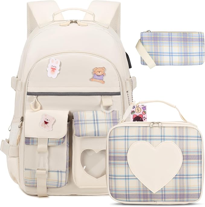 ACESAK Backpack for Girls - Bookbag Backpacks Schoolbag for Girls Kids Teen Women Casual Travel Daypacks - School Bag Elementary Middle School College Cute Backpack with Lunch Box (Beige) by ACESAK