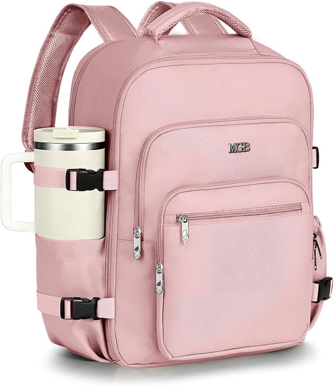 Travel Backpack for Women & Men, Carry On Personal Item Bag Flight Approved, Large Waterproof Laptop Backpack for Travel, Overnight, College & Commuting Pink by MGB