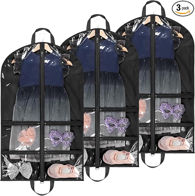 LOVEGRASS Kids Garment Bag for Dance Costumes, 40" Dance Garment Bags for Dancers with 4 Clear Zipper Pockets, Foldable Dance Competition Garment Bags for Hanging Clothes, 3 Pack, Black by LOVEGRASS