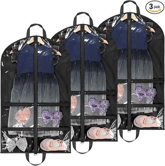 LOVEGRASS Kids Garment Bag for Dance Costumes, 40" Dance Garment Bags for Dancers with 4 Clear Zipper Pockets, Foldable Dance Competition Garment Bags for Hanging Clothes, 3 Pack, Black by LOVEGRASS