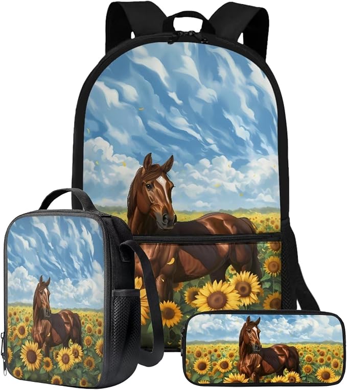 Fashion Backpack Set Sunflower Horse Print Large Capacity Schoolbag Lunch Box Pencil Case 17 Inch Travel Laptop Backpacks Lightweight Rucksack Casual Daypack for Camping by ZIATUBLES