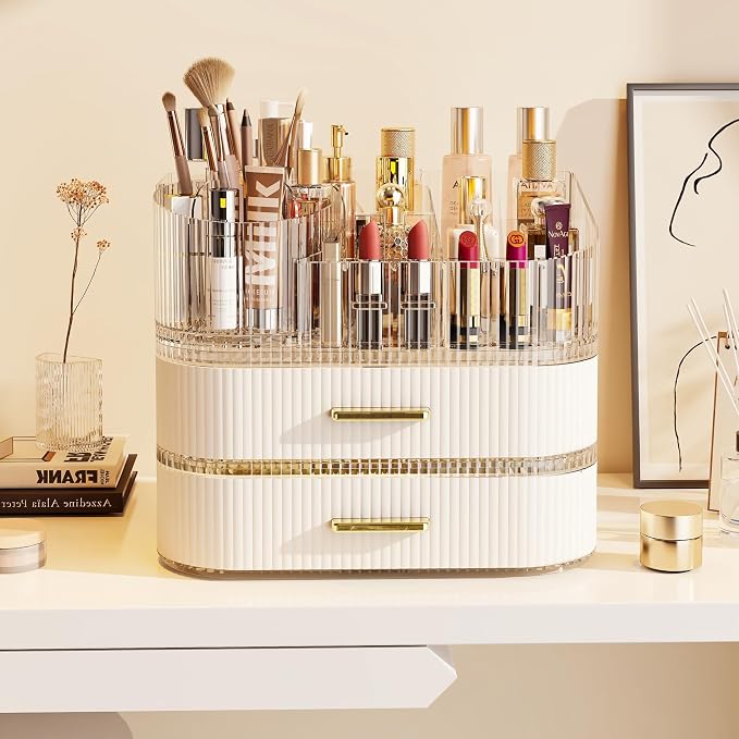 Makeup Organizer with 360 Rotating Brush Holder and Stackable Drawers, Cosmetic Display Case for Vanity, Bathroom Countertop (White, 3 Layer) - Image 2