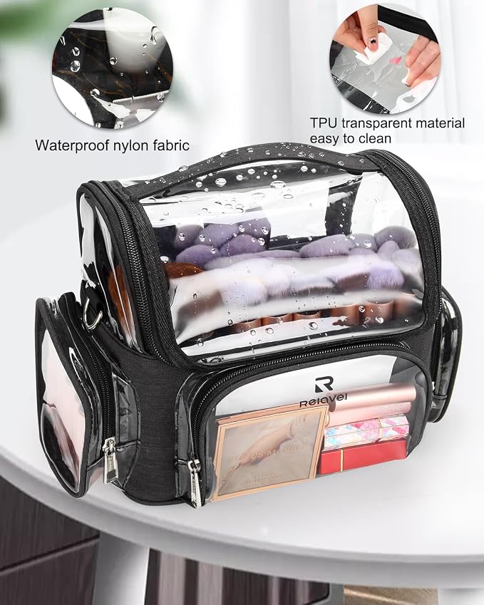 TANTO Clear Makeup Brush Case,Stand-up Makeup Cup Large Cosmetic Organizer Holder Professional Makeup Artist Travel Case with Adjustable Divide&Strap (02-Black（X Large）) - Image 2