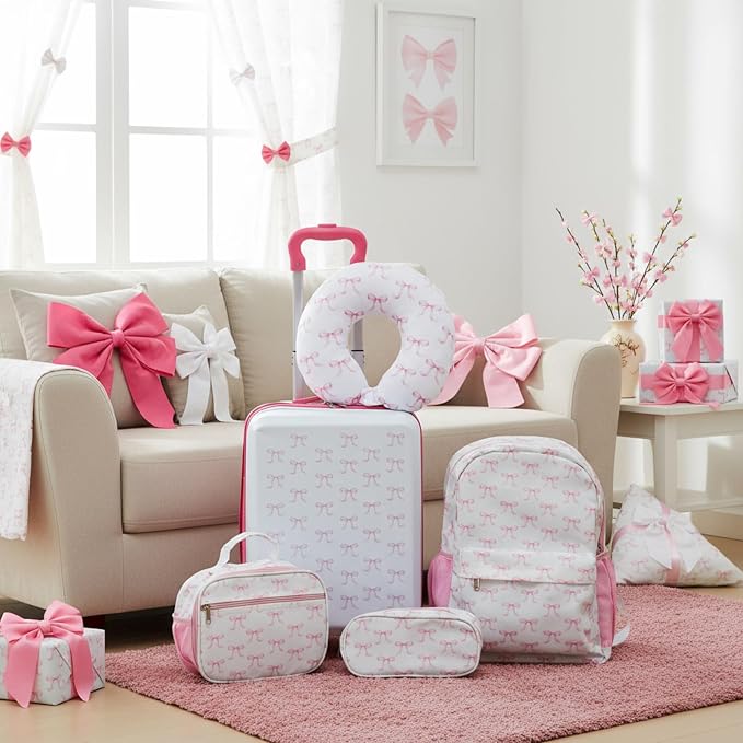 Redbaker 6 Pcs Kids Luggage Set, 17 Inch Rolling Suitcase with Backpack Lunch Bag Neck Pillow, Pink Bow Travel Set for Summer Vacation Sleepover Back to School Gift - Image 7
