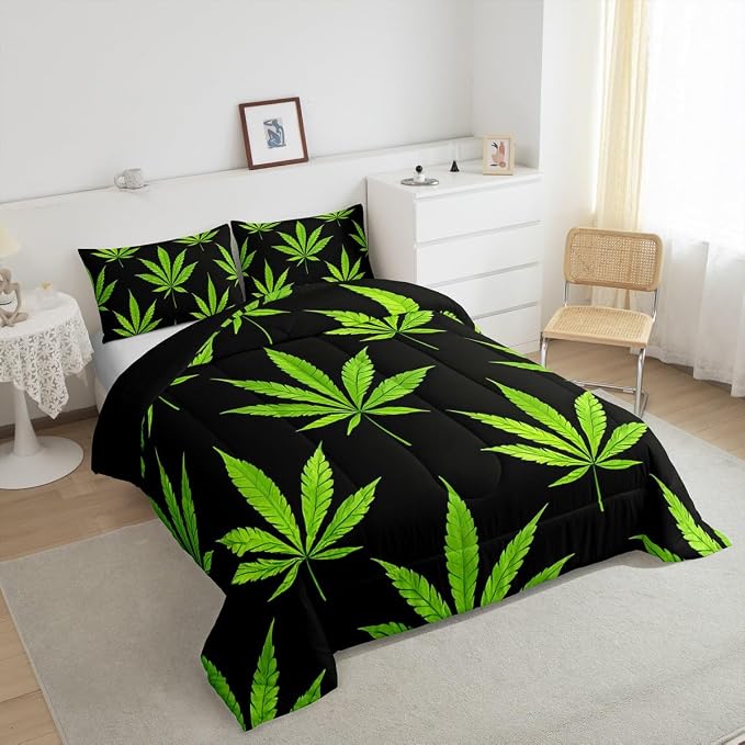 Erosebridal Bohemia Leaves Comforter Set, Adult Exotic Leaves Quilt Set, Rustic Bedding Set Twin Size, Soft Comforters Bedroom Decor, Green Black - Image 6