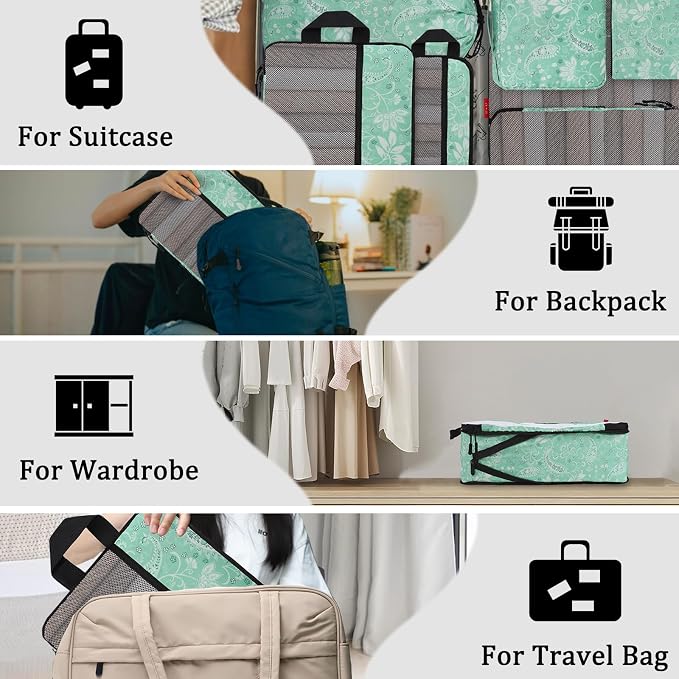 U+U 10 Set Compression Packing Cubes - Ultralight Travel Organizers with Laundry Bag and Cosmetic Bag, Space-Saving Suitcase Organizer for Travel, Business Trip and Family Vacation (Green Paisley) - Image 7