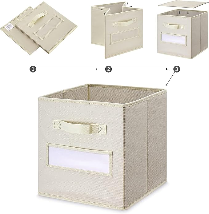 13x13x13 storage cube bins(Set of 8) Fabric storage cubes with 8 Labels Window Cards & a Pen, storage cubes 13x13, Collapsible 13 inch cube storage bins, Cubby Boxes, Beige - Image 4
