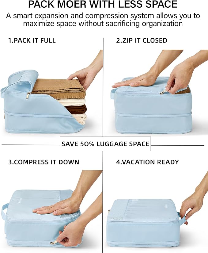 Hanke 7 Piece Expandable Compression Packing Cubes, Premium Travel Packing Organizers for Suitcases/Carry On, Luggage Organizer Bags with Breathable Mesh & Label,Light Blue - Image 3