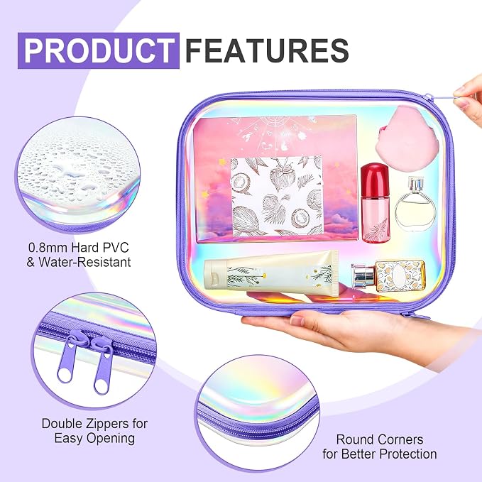 Hoolerry 4 Pcs Hard Clear Zipper Case Makeup Bags Plastic Zipper Pouch Transparent Storage Box Containers for Cosmetics, Snacks, Building Blocks, Puzzles(Clear,9.8 x 7.9 x 2 in,Purple Laser) - Image 3