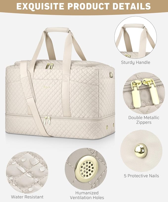 Duffle Bag for Travel, Weekender Bag with Shoe Compartment, Carry On Overnight Bag for Women with Toiletry Bag Duffel Bags with Wet Pocket for Gym Hospital Bags for Labor and Delivery Beige - Image 5
