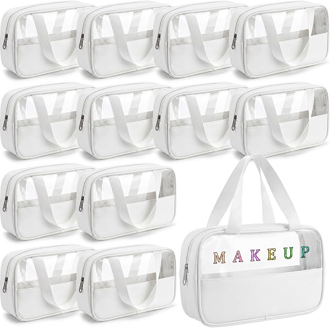 Buryeah 12 Pcs Translucent Makeup Bag Toiletry Organizer for Women Men Waterproof Portable Cosmetic Bag with Hanging Handles Travel Storage Carry Pouch Gifts for Bridesmaid (White) by Buryeah