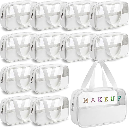 Buryeah 12 Pcs Translucent Makeup Bag Toiletry Organizer for Women Men Waterproof Portable Cosmetic Bag with Hanging Handles Travel Storage Carry Pouch Gifts for Bridesmaid (White) by Buryeah