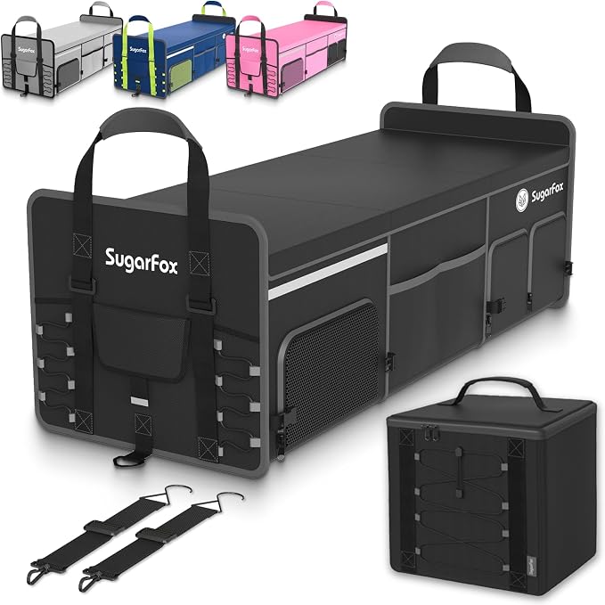 Bold Color Block Trunk Organizer | 95L, 35"x13.8"x11.8" | Dedicated Shoe Storage & 26L Ice Pack | Foldable for SUV/Car/Jeep | Stylish Gift & Essential Car Accessories for Drivers - Black-X212 by SugarFox