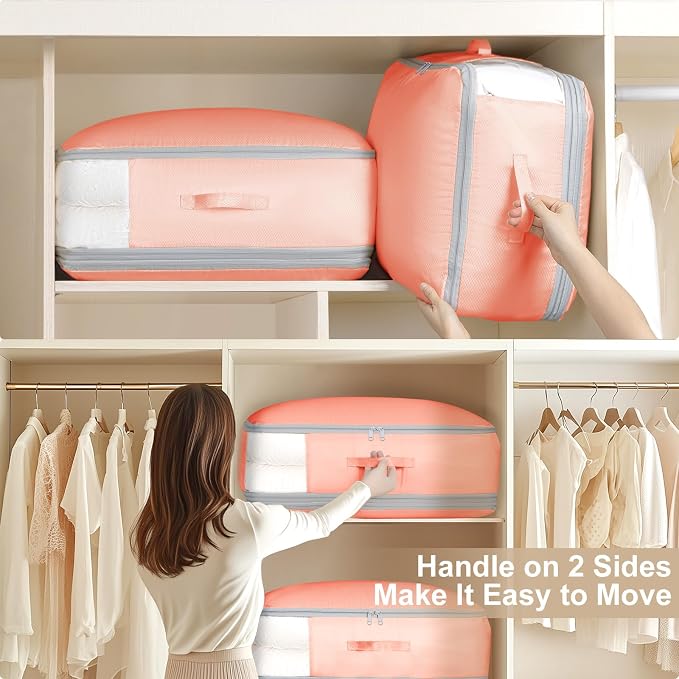 Comforter Storage Bag - Large Capacity Blanket Storage Bags 3-Layer Ultra Space Saving Self Compression Organizer, Washable Compression Bags for Storage Comforter Blanket, 4-Pack, Pink - Image 5