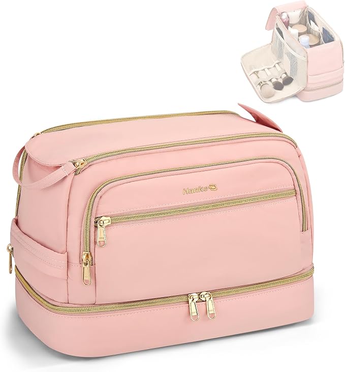 Hanke Travel Toiletry Bag, Lightweight Wide-open Makeup Bag, Dual-Layer Travel Bag for Toiletries Water-Resistant Cosmetic Bags Large Toiletry Bags for Women & Men, Travel Essentials, Pink by Hanke