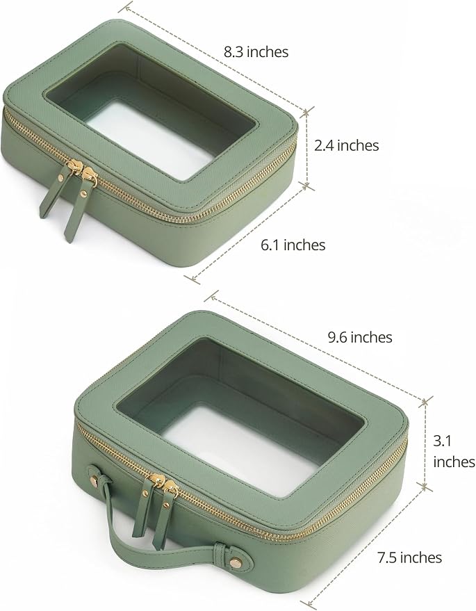 Popvibe Clear Makeup Bag Travel Cosmetic Case Transparent Toiletry Bag with Zipper, Portable Make Up Organizer Traveling Compact Car Bag for Essentials, Sage Green, Medium and Large - Image 2