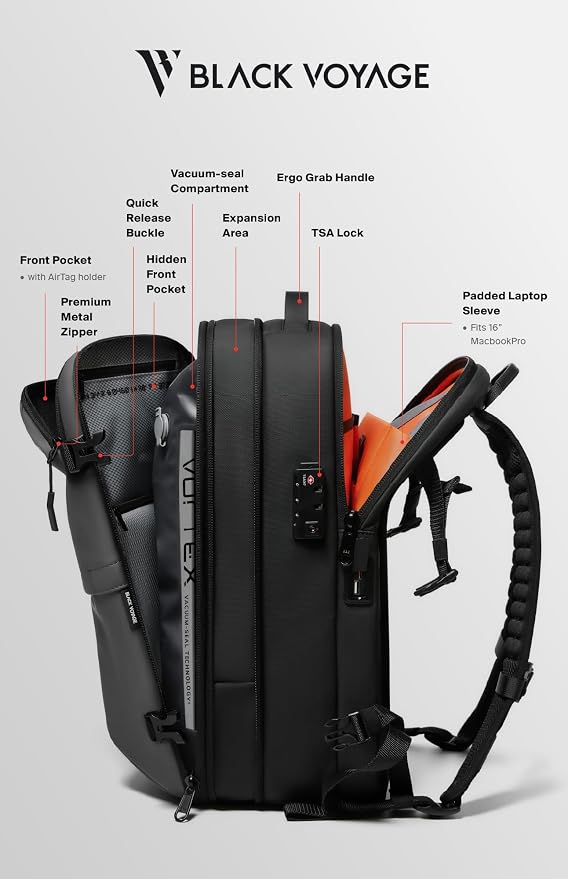 BlackVoyage Vortex Vacuum Seal Travel Backpack 60L Expandable Air Compression System Water Resistant TSA Lock Carry-On - Image 7