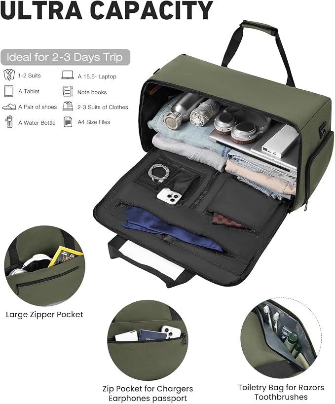 Convertible Garment Bags for Travel, 47L Garment Duffle bag for Hanging Clothes, 3 in 1 Suit Travel Bag for Business Trips with Shoulder Strap, Carry On Suit Luggage for Men,Green - Image 3