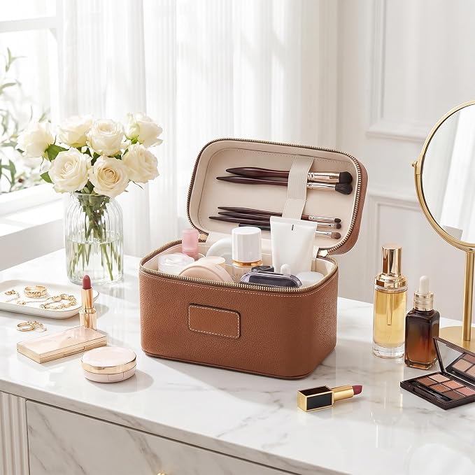 Makeup Case for Women, Leather Makeup Bag Cosmetic Case with Removable Divider, Large Capacity Waterproof Portable Travel Toiletry Make up Organizer Case - Image 3