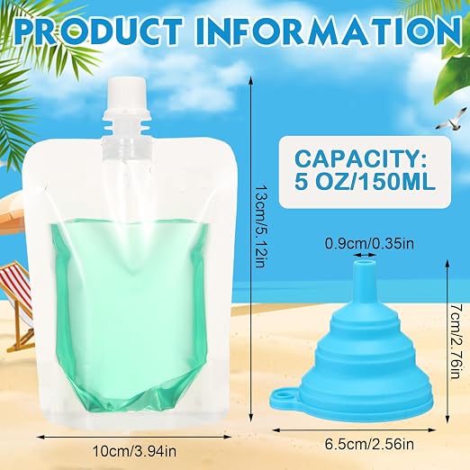 Patelai 150 Pieces Plastic Liquid Pouch Reusable Juice Pouches Travel Water Leak Proof Bags Bulk with Collapsible Silicone Funnel for Travel Outdoor (5 oz) - Image 4