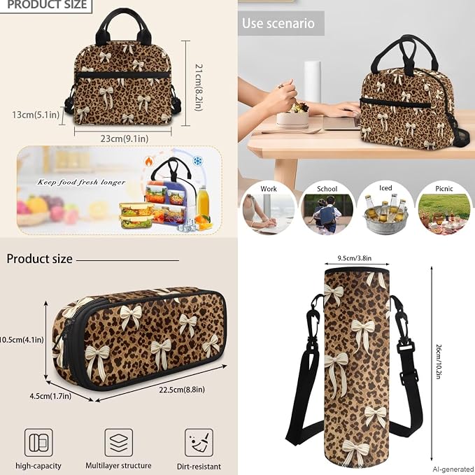 Bow Leopard Backpack for School Girls Cheetah Print Kids Bookbag Set Brown Leopard Skin School Backpack with Lunch Box Pencil Case Water Bottle Carrier Bag Travel Laptop Backpack 4Pcs - Image 6