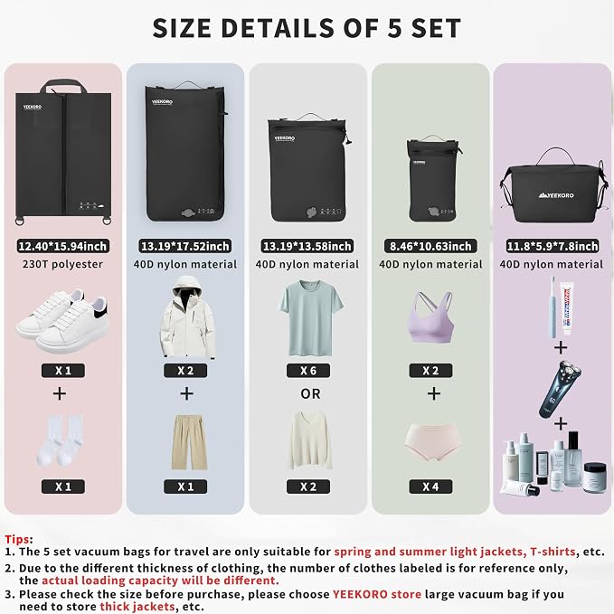 5 Set Vacuum Bags for Travel, Professional IPX8 Reusable Organizer, Compression Packing cube for Suitcases, Durable Seal Space Saver Bags -Traveling Essentials (Black with Pump) - Image 2