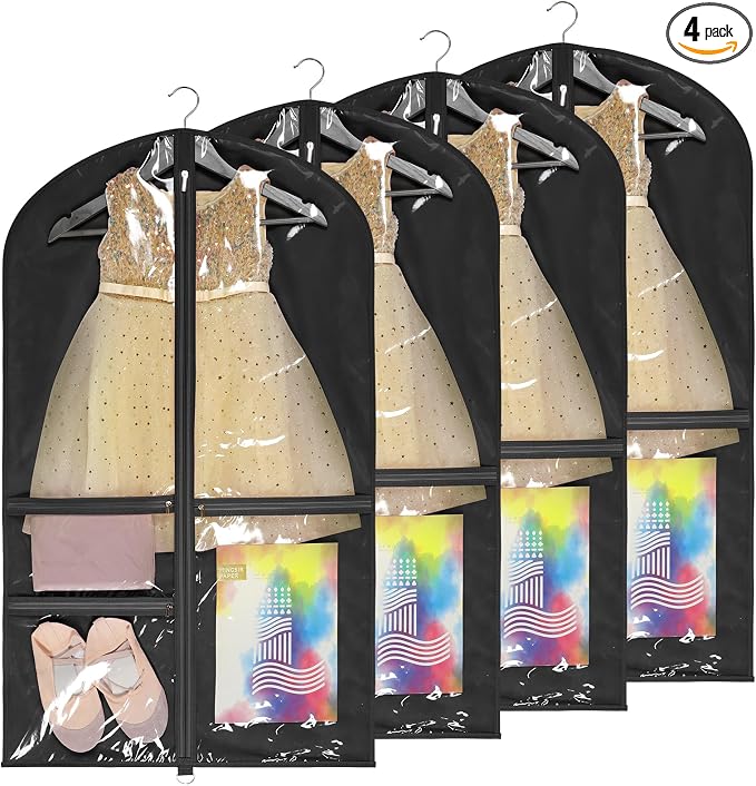 Univivi Dance Costume Bags Garment Bag 40 Inch Hanging Clothes for Dance Competitions, with 3 Medium Clear Zipper Pockets for Dance Costumes, Closet Storage (Black) - 4 Pack by Univivi