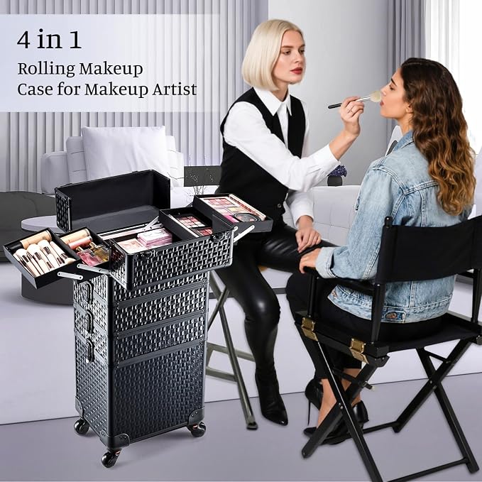 4 in 1 Rolling Makeup Trolley Train Case Cosmetic Suitcase Nail Tech Box for Makeup Artist, Hairstylists, Nail Tech Case with with Keys Swivel Wheels Traveling Trunk (Shiny Brick) - Image 4