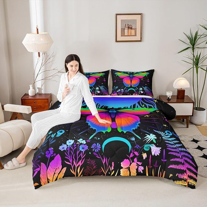 Erosebridal Moth Comforter Set King Hippie Psychedelic Sun and Moon Bedding Set,Purple Blue Ombre Galaxy Floral Botanical Comforter for Girls Teens Women Stars Planet Quilt Duvet 2 Pillowcases - Image 4