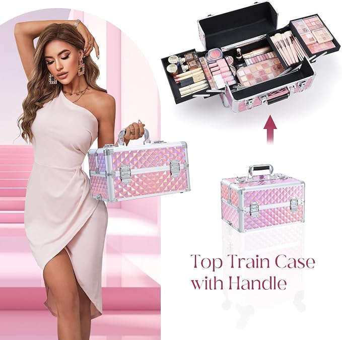 Faquenc Rolling Makeup Train Case 3 in 1 Cosmetology Case on Wheels Makeup Organizers Nail Tech Storage Cart Cosmetic Trolley Travel Barber Suitcase for Make up Manicure Hair Lockable, Shiny Pink - Image 3