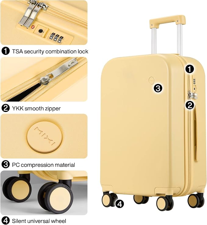 mixi Luggage Suitcase with Spinner Wheels, Hardside Rolling Suitcase PC with Cover & TSA Lock Lightweight Travel Case 24in Checked in, Lark Yellow - Image 4