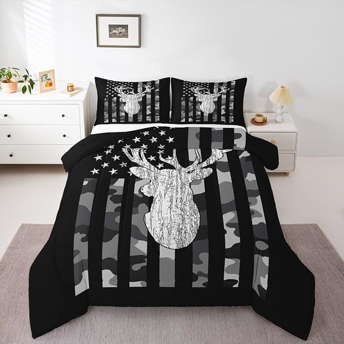 American Flag Bedding Set Deer Camo Comforter Set King for Kids Boys Teen Man,Western Rustic Black Grey Military Camouflage Bedding Comforters Hunting Deer Antlers Quilt Duvet for All Season 3 Pcs by Erosebridal