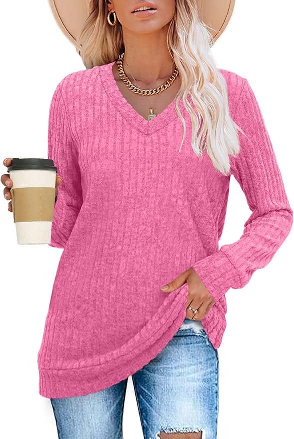 Sampeel V Neck Long Sleeve Shirts for Women Casual Fall Tops Lightweight Tunic Sweaters Fashion Clothes Loose Fit 2025