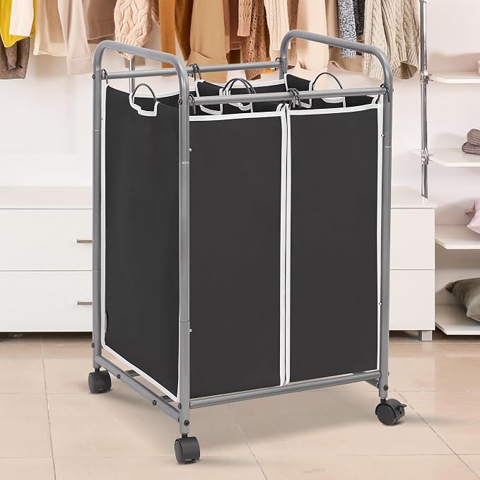 STORAGE MANIAC Laundry Sorter 2 Section, 90L (23.7Gal) Laundry Hamper with Wheels, Clothes Basket Separator Sorter, 2 Bag Cart and Removable Bags for Closet, Dorm, Collage, Black - Image 2