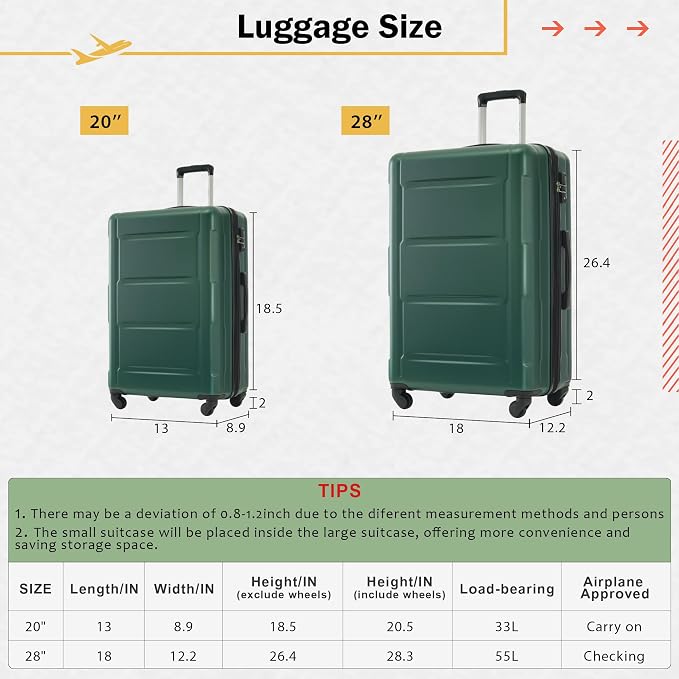 Merax Luggage Set 2 Piece Suitcase Sets with Spinner Wheel,Lightweight Hardside Expandable Travel Laggage with TSA Lock,Suitcase with Travel Bag(20"/28",Green) - Image 4