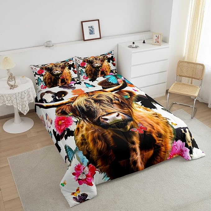 Erosebridal Highland Cattle Comforter Set Queen Size, Kids Cow Bull Cattle Bedding Set Butterfly Flower Down Comforter for Boys Girls Teens Western Cowboy Farm Animal Duvet Sets Bedroom Decor - Image 2