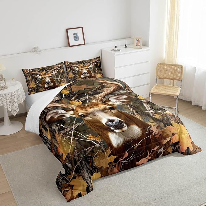 Erosebridal Kids Deer Bedding Set Full Boys Hunting Animal Antlers Comforter Set Bedroom Decor 3 Piece Girls Oil Painting Deer Down Comforter Woodland Trees Leaves Quilted Duvet Lightweight Warm - Image 4