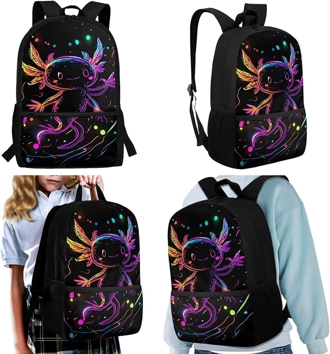 Axolotl Backpack for Boys 6-8 with Lunchbox Water Bottle Holder Pencil Case Graphic School Backpack and Lunch Box Set 17 Inch Bookbag for 3rd Grade Lunchbag, 4 Piece - Image 2