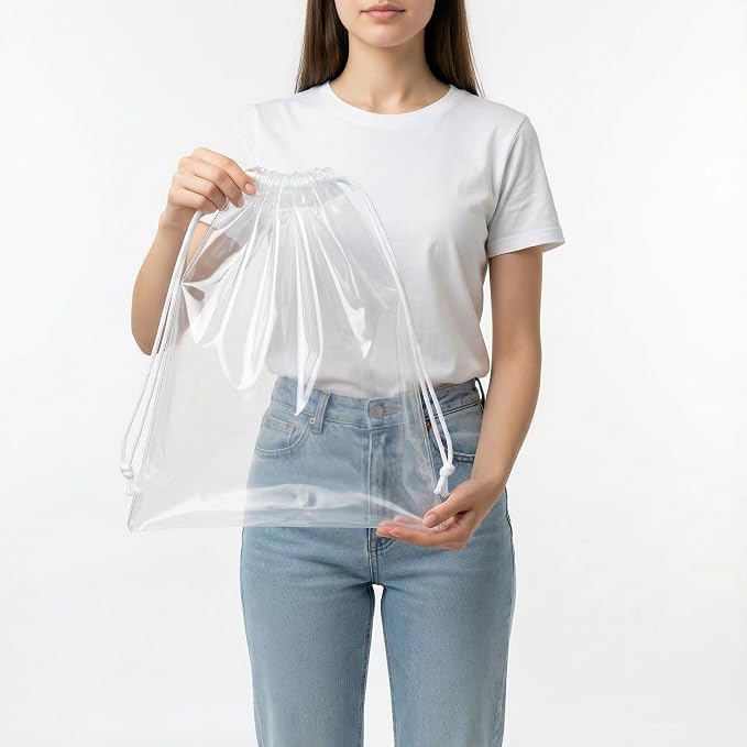 Clear LDPE Drawstring Bags (25 Pack) (13.75" x 17.5") 2 Mil Disposable Transparent Plastic with Double Cotton White Strings. Shoe Bags for Travel Large Storage Organizers Pouch (25) - Image 3