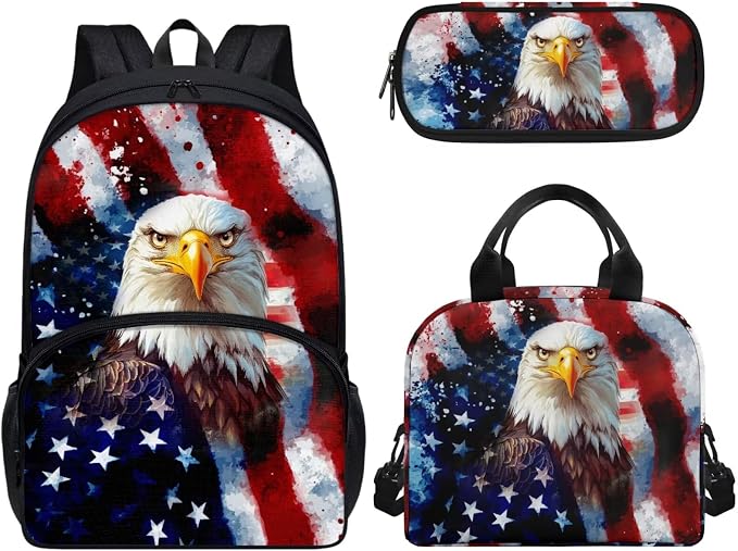 3 Pcs School Backpack for Girls Boys Blue American Flag Eagle Backpack Kids Preschool Elementary Bookbags Set With Lunch Tote Bag Pencil Case Kids School Bags Daypack 3 In 1 by Wideasale