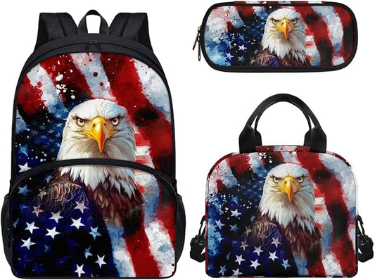 3 Pcs School Backpack for Girls Boys Blue American Flag Eagle Backpack Kids Preschool Elementary Bookbags Set With Lunch Tote Bag Pencil Case Kids School Bags Daypack 3 In 1 by Wideasale