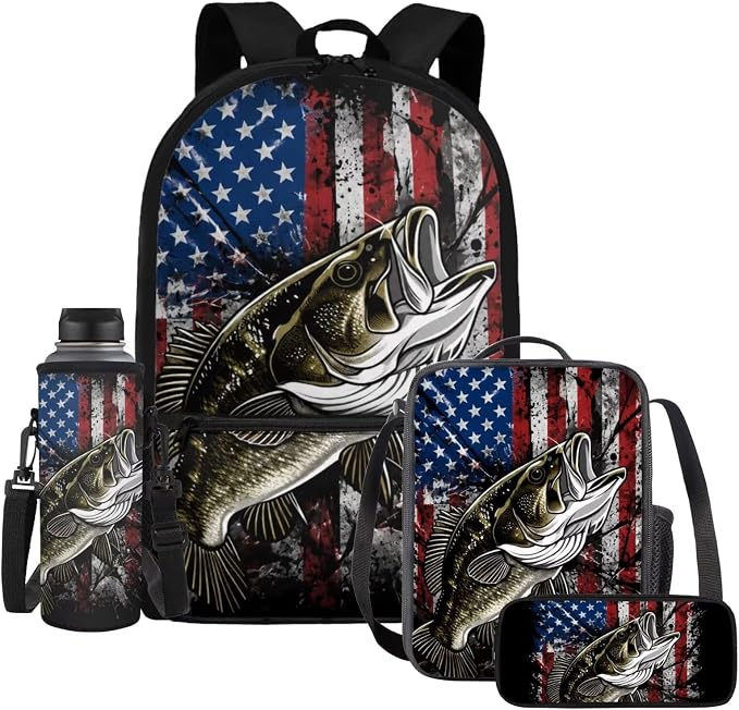 Bass Fishing American Flag Boys Backpack with Lunch Bag 4 Piece Set, Patriotic 4th of July Gift School Bag for Boys Ages 6-12, 17 Inch Durable Waterproof Elementary Bookbag by Dremagia